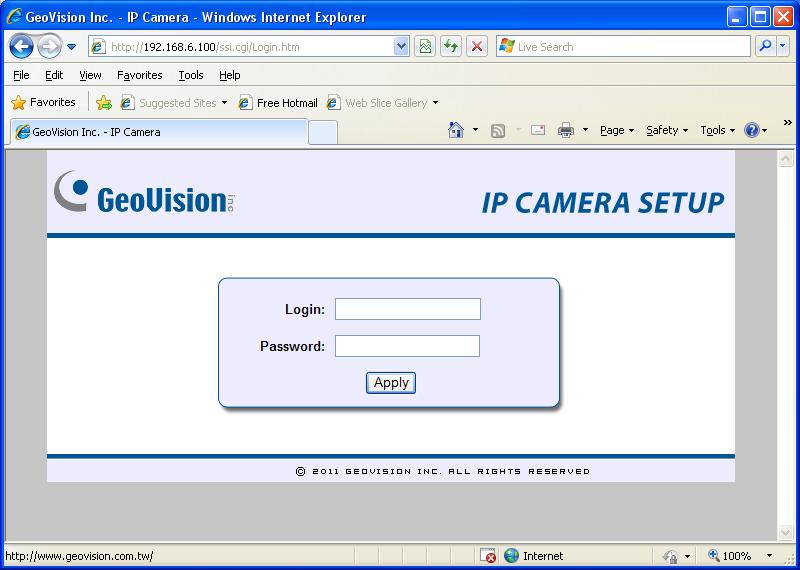 Step 1 Connecting your camera to a PC To log in the camera s Connect your camera to a PC to log in the camera s Web interface. By default the GV-IP Camera has the IP address of 192.168.0.