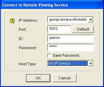 IP Address: Type the domain name or public IP address of the camera. If the camera is residing on the LAN, type the domain name or public IP address of the router, for example, geoipcamera.dlinkddns.