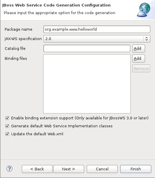 Creating a Web Service from a WSDL document using JBossWS runtime Figure 3.10. New Web Service Wizard WSDL Service : display the services in your WSDL file, you can select one to generate Web Service.