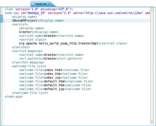 Creating a Web service from a Java bean using JBossWS runtime View the Web.xml file: Figure 3.12. Web.xml In the next chapter you will find out how to create a Web service from a Java bean. 3.4.