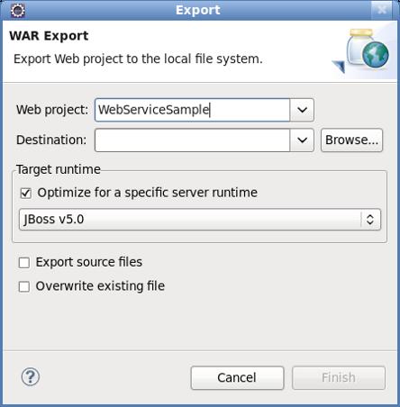 Chapter 6. Sample Web Service... Figure 6.6. Export - WAR Export dialog 2. Complete the export dialog Define the WAR file attributes as described in Table 6.6, Export - War Export Table 6.6. Export - War Export Field Mandatory Instruction Description Web project yes The project name will default to the highlighted project in the Enter the web project name.