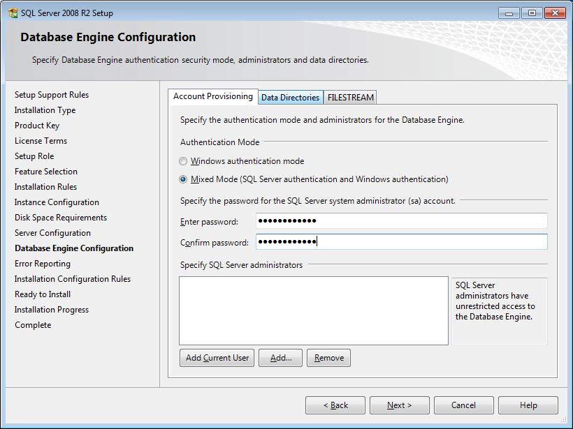 Setting Up a SQL Server Instance for Use With Sage Estimating Authentication Mode Figure 7: Authentication Mode Settings The instance must support Mixed Mode authentication (Windows Authentication