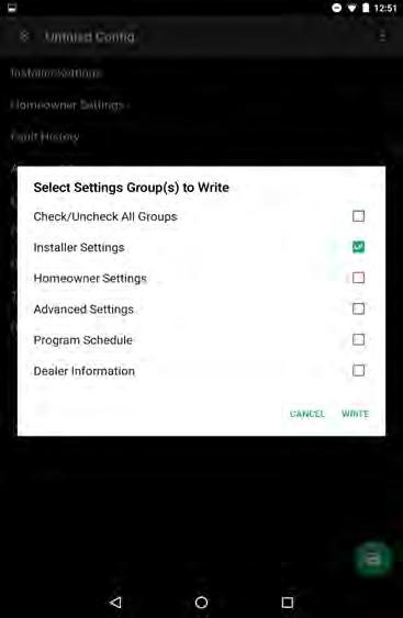 Step 3 - After the Settings or Groups have been selected, select Write and place the Android device on the Thermostat box near the NFC HERE image, or in front of the