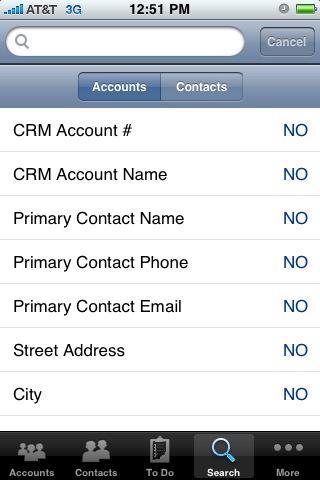 After selecting whether to search Accounts or Contacts, tap the text field at the top of the