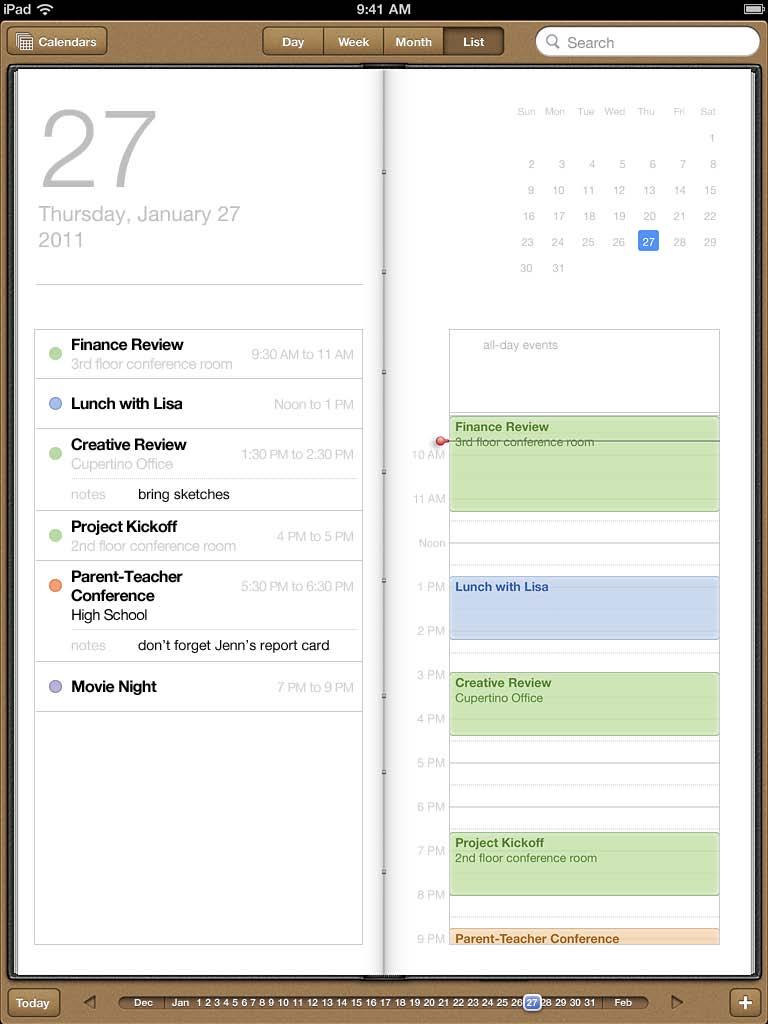 List view: All your appointments and events appear in a scrollable list, next to the selected day.