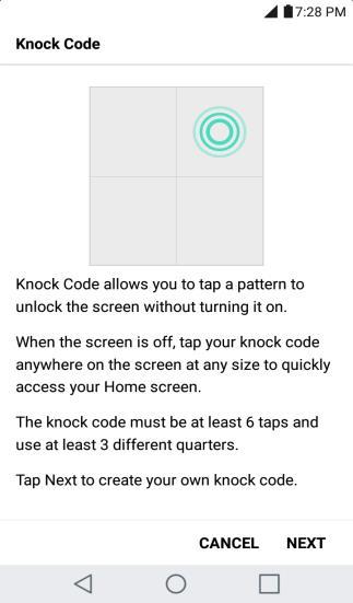 4. Use the 2x2 grid to create a sequence of knocks (or taps) to set your knock code.