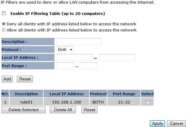 8.5 IP Filter You can choose whether to Deny or only Allow, computer with those IP Addresses from accessing certain Ports.
