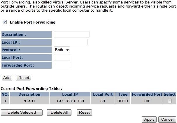 9.3 Port Forwarding Port Forwarding allows you to redirect a particular public port to a computer on your LAN network. This helps you host servers behind the NAT and Firewall.