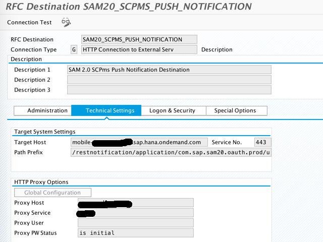 2. On the Technical Settings tab of the new connection, set the Target Host to match the push API of the SAP Cloud Platform Mobile Services.