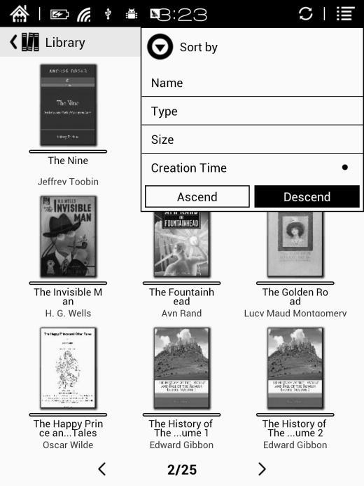Sort by Users can sequence the book by names, types, sizes, created