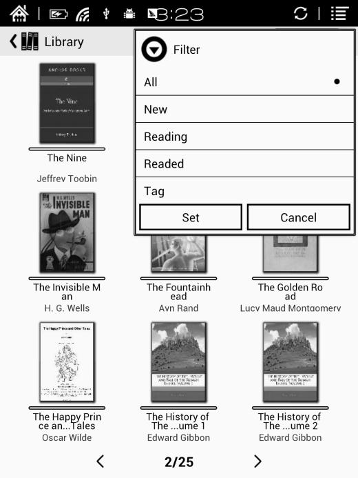 Filter The books in the library can be filtered in reading mode, including all,