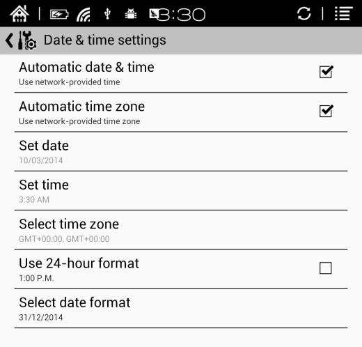 5.9.1 System Users can set date, display option, storage, privacy, startup options of the device; Date Users can select auto setting or manual setting to set the time.