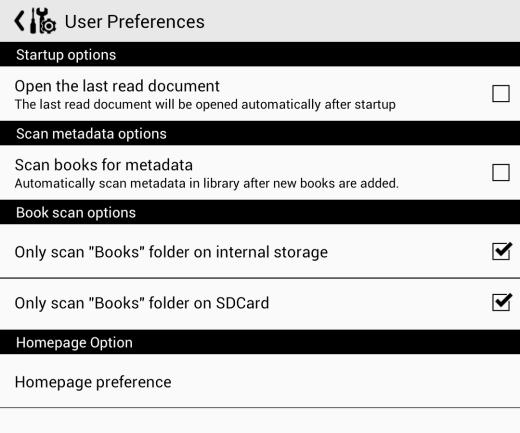 User preference Users can choose whether to open the last read book when starting the device; It will go directly to the main interface by default; Users can choose whether to scan the book cover or