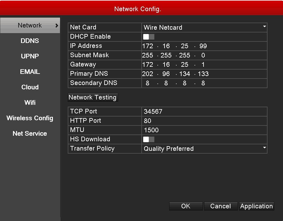 3.4.3 Network Config Click Network Config icon to enter configuration interface. 3.4.3.1 Network Click Network to enter network parameters interface to configure DVR IP address, subnet mask.