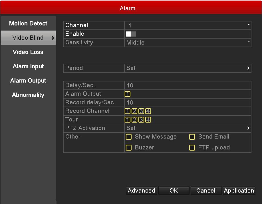 Select channel number and enable it, configure sensitivity, region, period and alarm