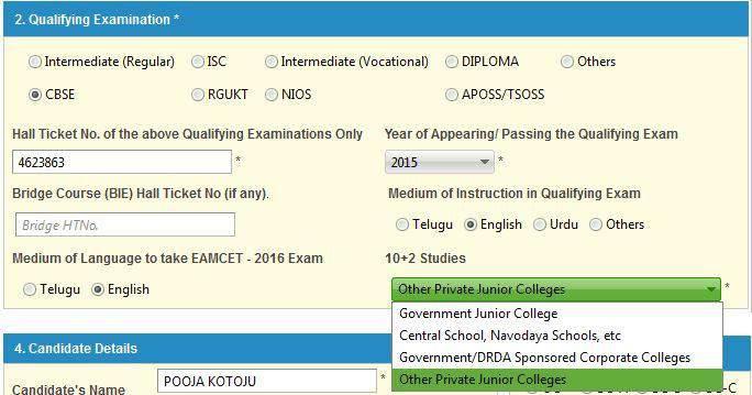 item: If the Qualifying Examination is RGUKT, CBSE, ISC, DIPLOMA, NIOS, TSOSS/APOSS or Others the relevant option should to be selected and the following items have to filled like Medium of