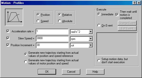 Figure 24. The Motion Profiles dialog You can define the profile parameters, i.e. the acceleration/deceleration, the slew speed, and the reference position value.
