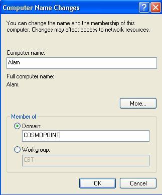 Click the Change button, Computer Name Changes dialog box appears, select member of domain and type domain