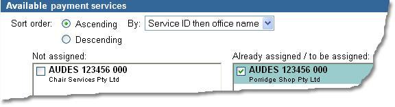 Accounts are only shown for those offices assigned to this user. If an office is not showing up, assign it to this user with the List of offices screen, then return here and assign the account.