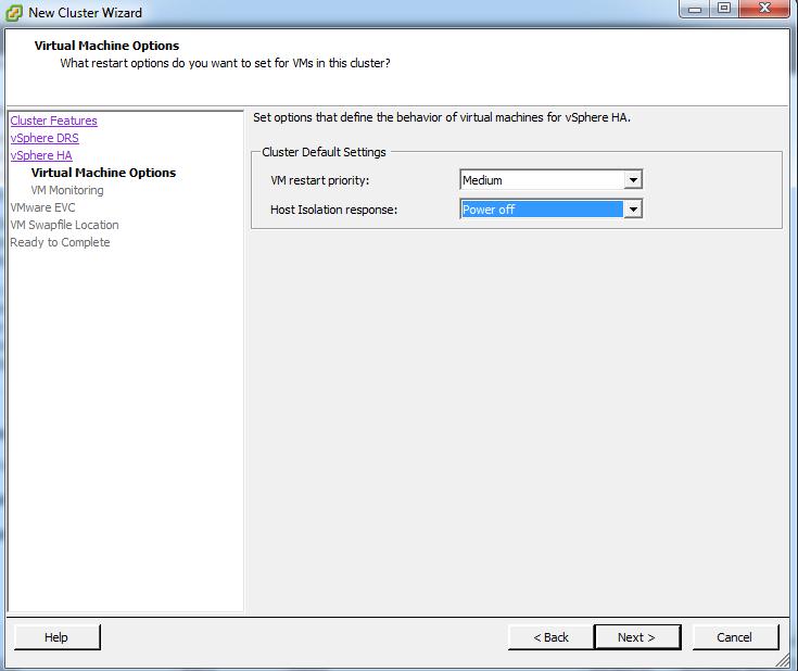 STEP 5 Set restart options for virtual machines in the cluster.