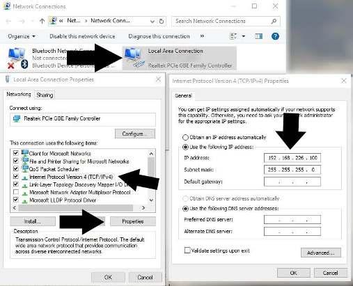Click Change adapter settings, Right-click Local Area Connection and choose Properties, Left-click on Internet Protocol TCP/IP v4, and click the properties button.