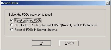 Context menu item (right mouse click): Figure 40: Reset PDO s Options Reset unlinked PDO s Reset linked PDO s between EPOS P and EPOS Reset all PDO s in network Description All active PDO s not