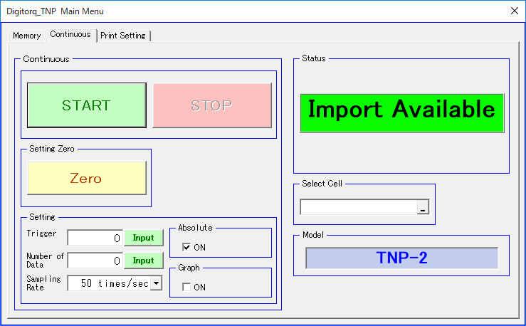 4.5 Continuous data import In the continuous data import mode, torque values measured by the digital torque meter can be imported into Excel on a real-time basis.