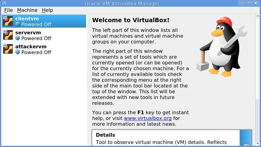 Complete the configuration by left-clicking on Apply and then Close. After the import of the three VMs your Oracle VM VirtualBox Manager should be similar to the one in the picture below.