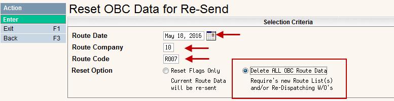 Enter the Route Date, Route Company & Route Code Select Delete All