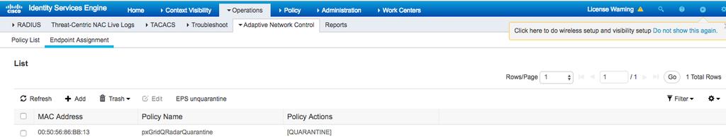 Step 8 To unquarantine, or clear the endpoint, Select ISE->Operations->Adaptive Network