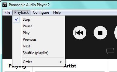 [Stop] Stop the music. [Pause] Pause the music. [Play] Start playback. [Previous] Go back to the previous audio file in the playlist. [Next] Go to the next audio file in the playlist.