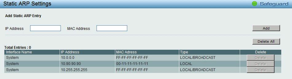 L3 Functions > ARP > Static ARP Settings The Static ARP Settings page provides information regarding Interface Name, including which IP address was mapped to what MAC address.