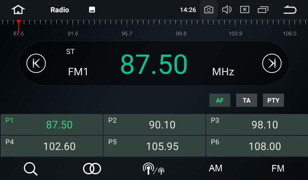 Radio 1 2 3 425 5 6 7 8 9 1. Broadcast frequency slider 2. Perform manual tuning 3. AF (Alternative Frequencies) TA (Traffic Announcement) PTY (Program Type) 4.