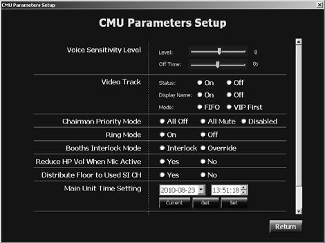 Main unit configuration facility CMU parameters setup Main unit control panel Module provides CMU parameters setup and CMU control panel sub-modules.