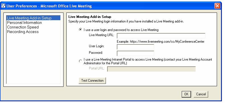 2 In the User Preferences dialog box, the Live Meeting Add-in Setup option is selected by default in the left navigation pane.