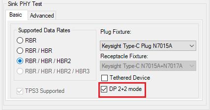 ValiFrame DUT Configuration Select the Check Box for DP 2+2 mode to enable the 2+2 lane operation mode. In this mode, two lanes of the Type-C interface are dedicated to USB3.
