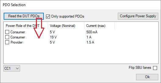 ValiFrame DUT Configuration Figure 14 Supported PDO selection In the same dialog, you can select the configuration channel to CC1 for normal connection orientation and to CC2 for flipped orientation.