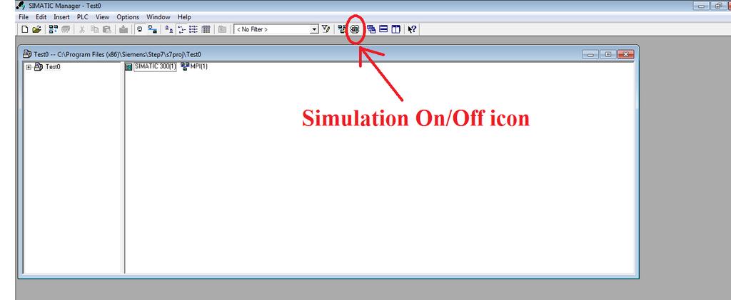 Simulating a Ladder Logic Program in Step 7: 1. lick on the Simulation ON/OFF icon in the SIMTI Manager window (see figure 6) Figure 6: lick on the Simulation button to start simulating a program. 2.