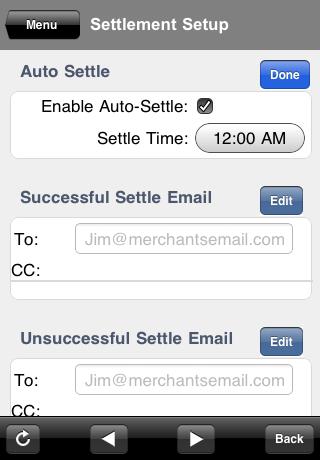 The Settlement Setup screen lets you specify whether you want your batch to be automatically settled at a specific time each date.