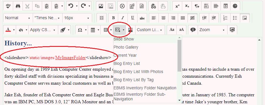 Review the Editing Page Information section for more information on Rad editor Tools. 2. Click on the Insert Snippet drop down 3.