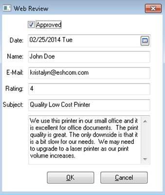 the Allow web users to create reviews option. Double click on a review to open, approve, or remove any web review.