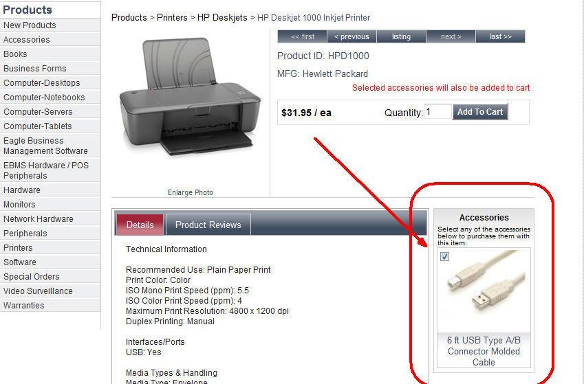 E-Commerce The selection option located by each accessory is defaulted ON by setting either of the first 2 Insert Type settings found at the bottom of the Accessories tab of the inventory item