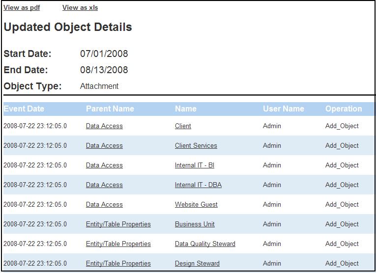 4. From this report you can drill down to view the properties for the Object Name.