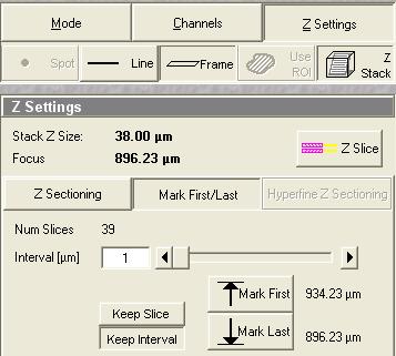 Scanning Z stack Select Z stack in the Scan Control Window. Select Mark First/Last on the Z Settings panel. User is recommended to use one track to set First/Last.
