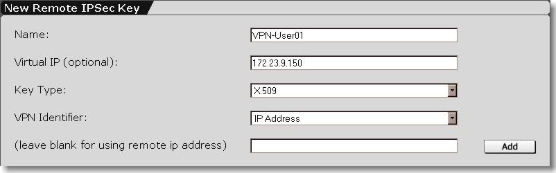 2.1.2 IPSec VPN -> Remote Keys Define authentication parameters of your IPsec peer.
