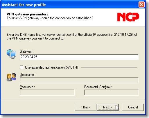 Several profiles can be created and each given different name. In this example, this profile is created and given the name ASLv5VPN-GW01. Click Next >. Figure 2.