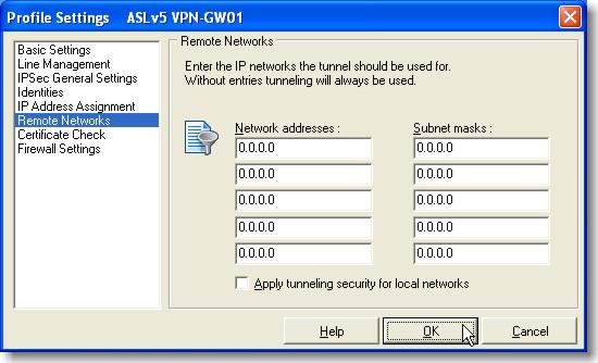 Figure 2.2.16: Profile Settings: Remote Networks Enter in the Network address(es) (depending on the subnet masks defined, these can be individual hosts or network segments) that are to be reached.