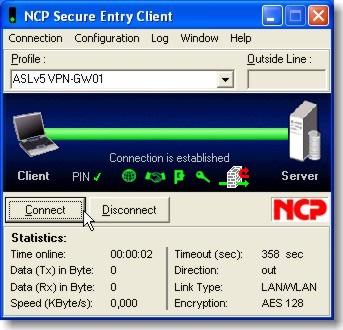 2.3. Establishing the connection with certificates Figure 2.3.1: NCP Secure Entry Client Monitor: Established