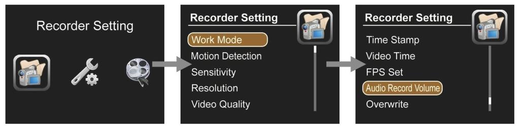 5.8. Recorder Setting Work Mode - Video: Record videos - Photo: Snapshot photos - Audio: Record audio Motion Detection - Off: Stop the motion detection - On: Start the motion detection Sensitivity -