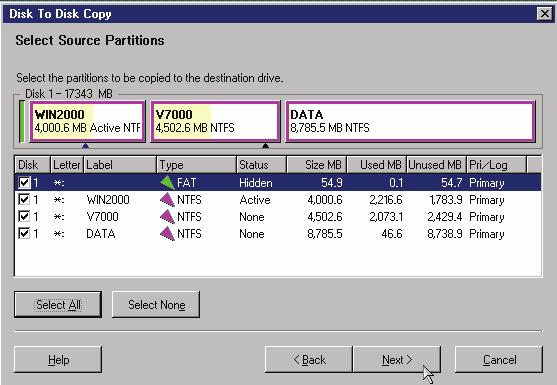 V7000 Operator's Guide Figure 5-26 Selecting the partitions on the source disk 11.